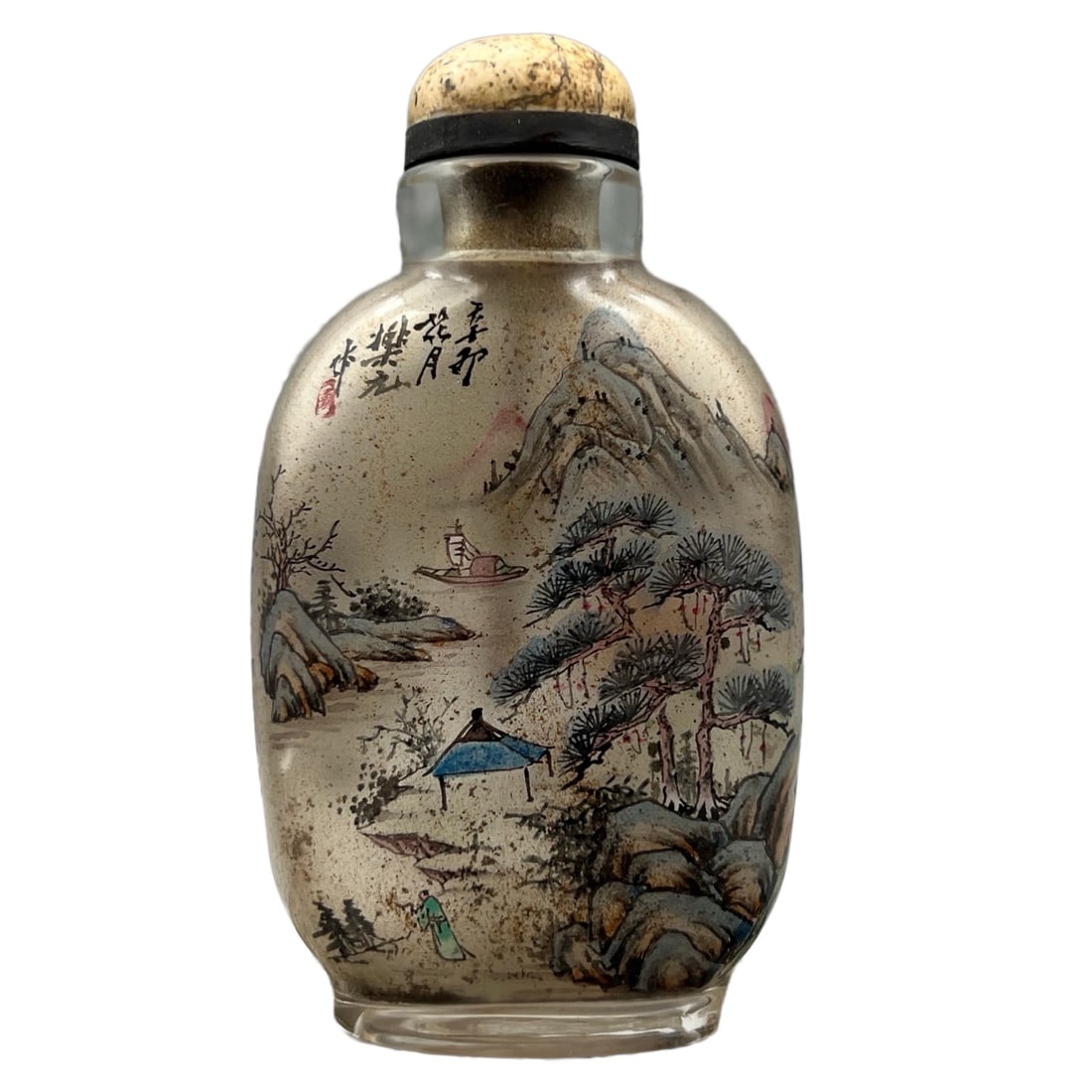 Peking Glass Inside Painting Mountain River Scene Snuff Bottle w Stopper: Peking Glass Inside Painting Mountain River Scene Snuff Bottle w StopperDimension: 90 x 50 x 28 (mm) 3.54 x 1.97 x 1.10 (inches) Weight: 0.15 lbs/ 67 g