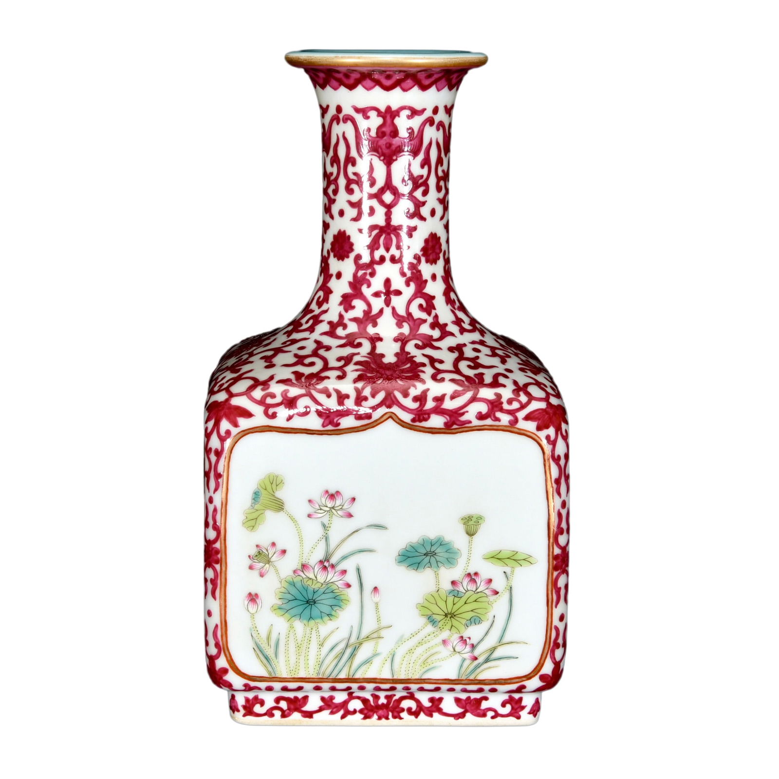 Porcelain Vase Gilt Edge Famille Rose w Lotus Leaf & Lotus Flower & Qing Dynasty QianLong Mark: Porcelain Vase Gilt Edge Famille Rose w Lotus Leaf & Lotus Flower & Qing Dynasty QianLong MarkDimension: 250 x 135 (mm) 9.84 x 5.31 (inches)
