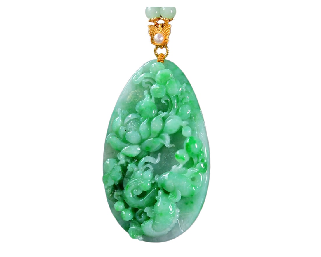 Green Jadeite Hand-Carved Pendant w Carp & Lotus Flower & Hand Woven Jadeite, Beeswax Beads Necklace: Green Jadeite Hand-Carved Pendant w Carp & Lotus Flower & Hand Woven Jadeite & Beeswax Beads NecklaceDimension: 65.8 x 40 x 11.6 (mm) 2.59 x 1.57 x 0.46 (inches)