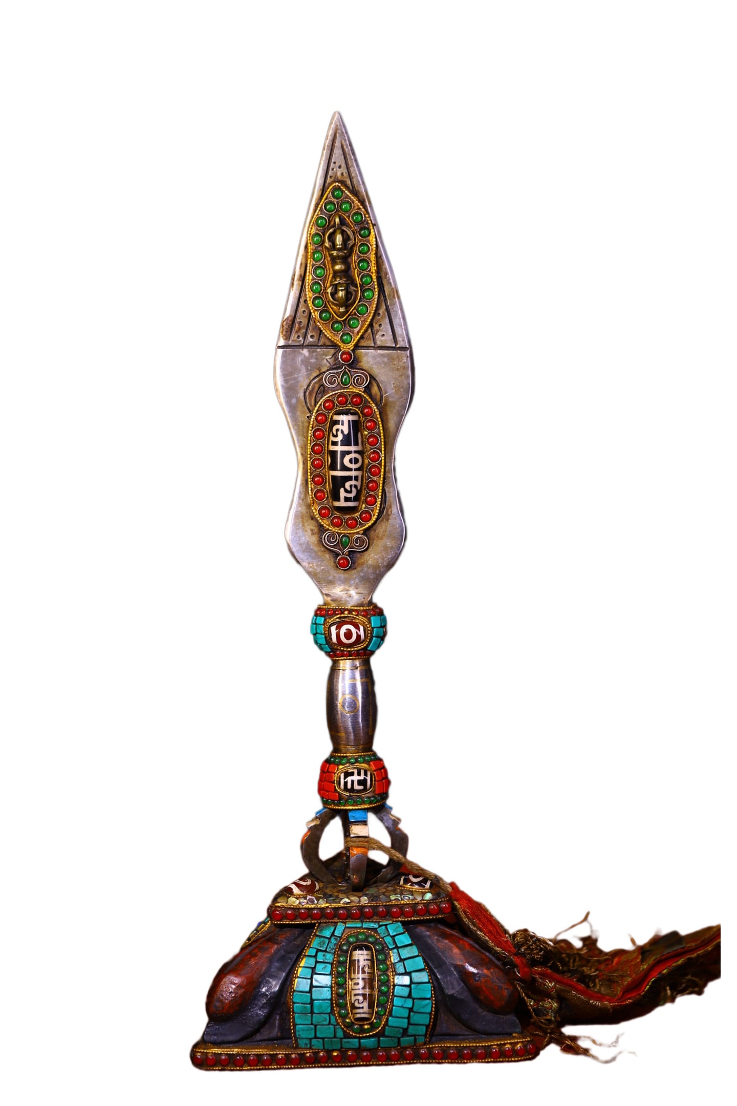 Tibetan Silver/Gold Wires Copper Inlay DZI Agate & Lapis Lazuli & Turquoise Dharma-vessel Statue: Tibetan Silver/Gold Wires Copper Inlay DZI Agate & Lapis Lazuli & Turquoise Dharma-vessel StatueDimension: 380 x 140 (mm) 14.96 x 5.51 (inches) Weight: 2.20 lbs/ 1000 g