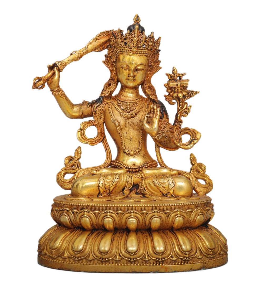 Tibetan Gilt Gold Copper Buddha Statue w Manjushri Bodhisattva: Tibetan Gilt Gold Copper Buddha Statue w Manjushri BodhisattvaDimension: 100 x 80 (mm) 3.94 x 3.15 (inches) Weight: 0.86 lbs/ 389 g