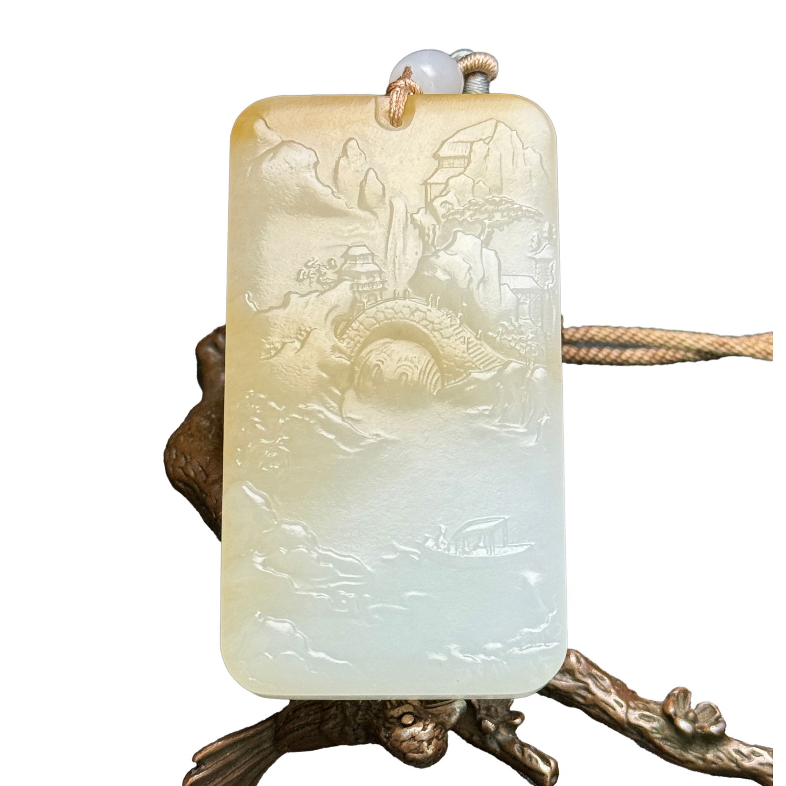 Natural Hetian Jade Low Relief Pendant w Mountain River Scene: Natural Hetian Jade Low Relief Pendant w Mountain River SceneDimension: 69 x 38 x 10 (mm) 2.72 x 1.50 x 0.39 (inches) Weight: 0.15 lbs/ 69 g