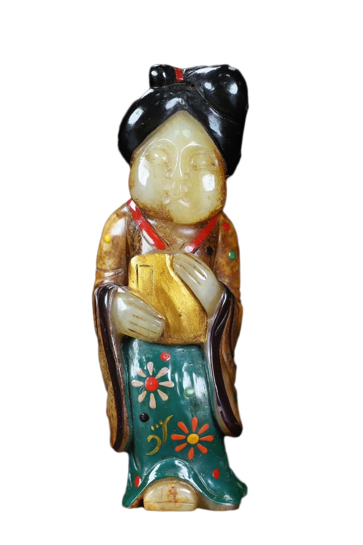 Vintage Colored Drawing Hetian Jade Hand-Carved Statue w Beautiful Woman: Vintage Colored Drawing Hetian Jade Hand-Carved Statue w Beautiful WomanDimension: 138 x 58 x 45 (mm) 5.43 x 2.28 x 1.77 (inches) Weight: 0.88 lbs/ 397.5 g
