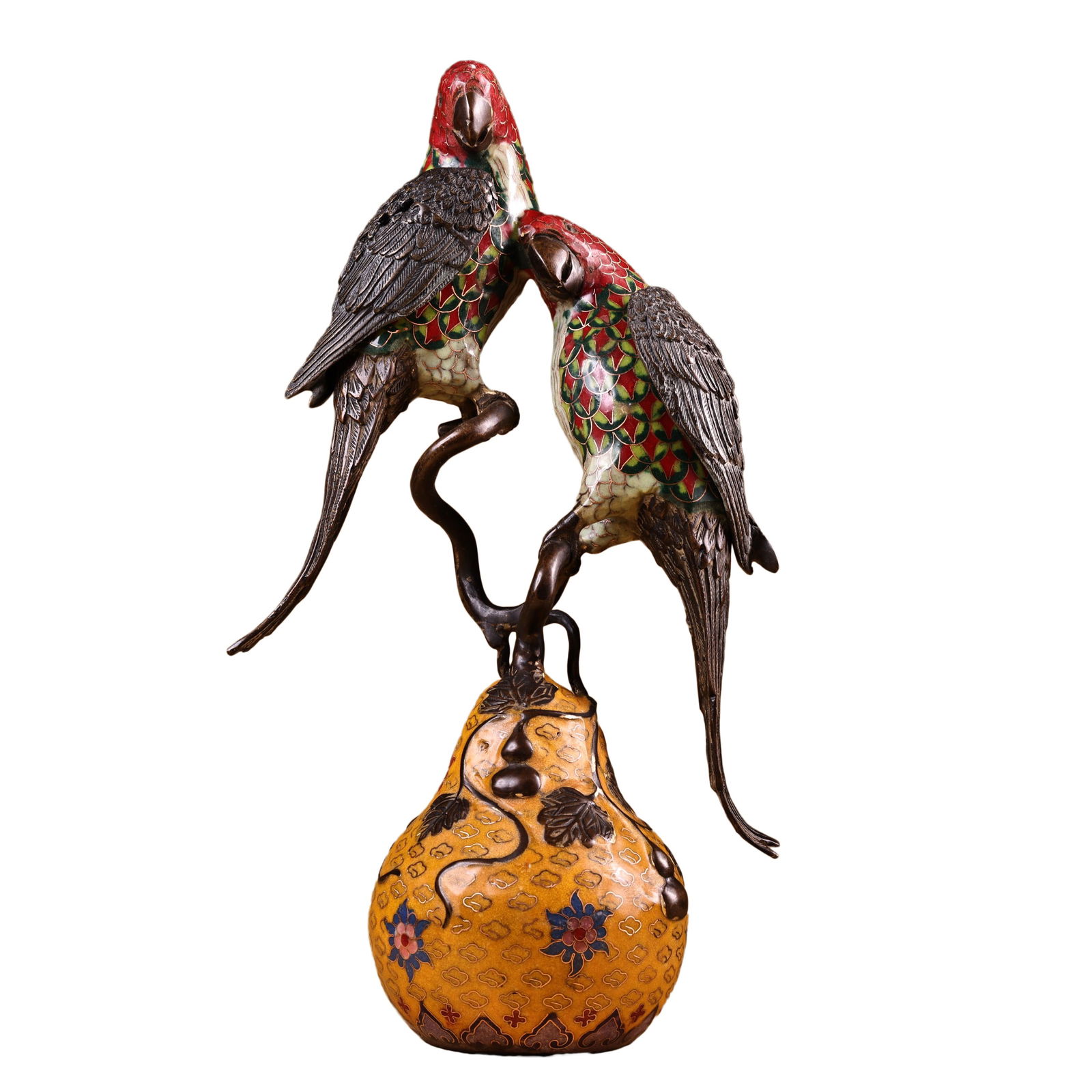 Vintage Gilt Gold Copper Cloisonne Incense Burner w Parrot: Vintage Gilt Gold Copper Cloisonne Incense Burner w ParrotDimension: 350 x 180 (mm) 13.78 x 7.09 (inches) Weight: 6.61 lbs/ 3000 g