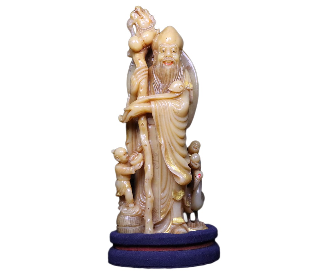 Vintage Shoushan Stone Hand-Carved Figure Statue w Longevity Taoism Deity: Vintage Shoushan Stone Hand-Carved Figure Statue w Longevity Taoism DeityDimension: 135 x 96 x 62 (mm) 5.31 x 3.78 x 2.44 (inches)Weight (without base): 2.91 lbs/ 1320 g The total weight does not incl