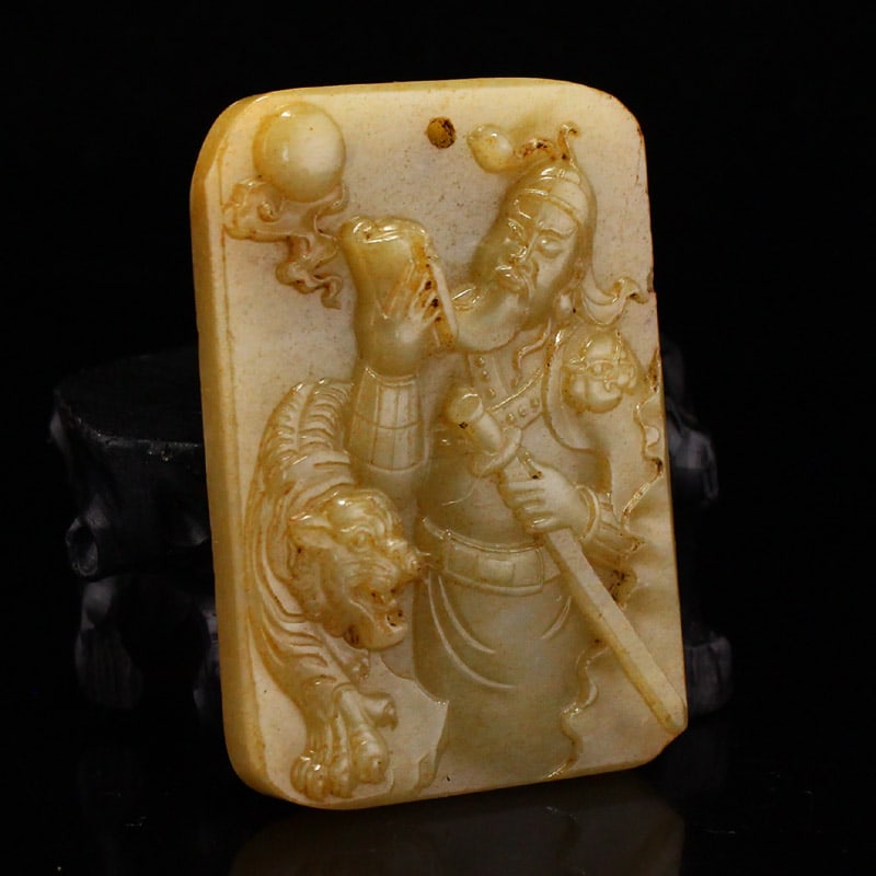 Vintage Hetian Jade Hand-Carved Pendant w General Guangong - 3