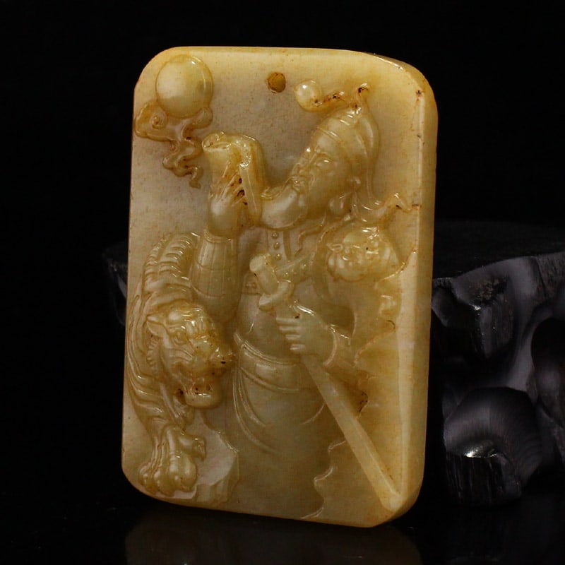 Vintage Hetian Jade Hand-Carved Pendant w General Guangong - 4