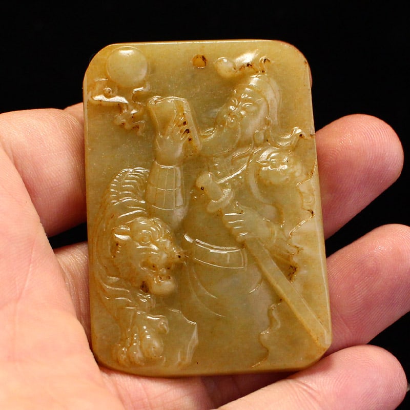 Vintage Hetian Jade Hand-Carved Pendant w General Guangong - 8