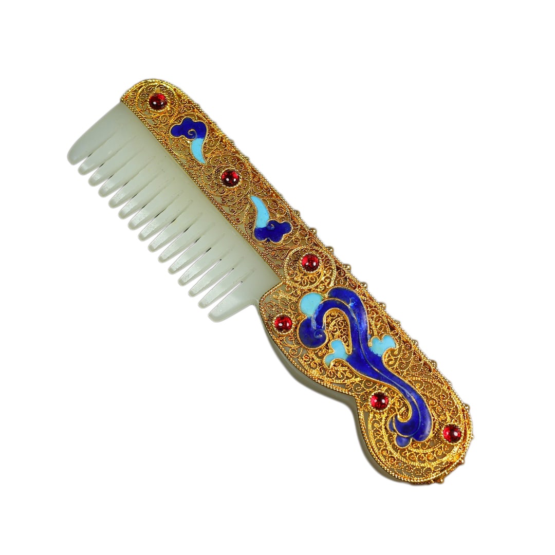 Gold Wires Enamel Inlay Hetian Jade & Gems Comb: Gold Wires Enamel Inlay Hetian Jade & Gems CombDimension: 160 x 50 (mm) 6.30 x 1.97 (inches) Weight: 0.31 lbs/ 139 g