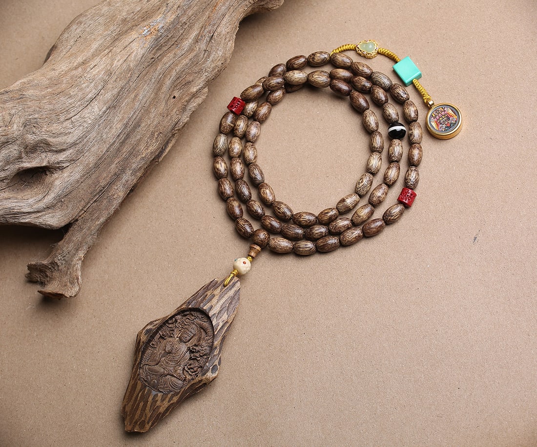 Vintage Chenxiang Wood Hand-Carved Pendant w Samantabhadra - 2