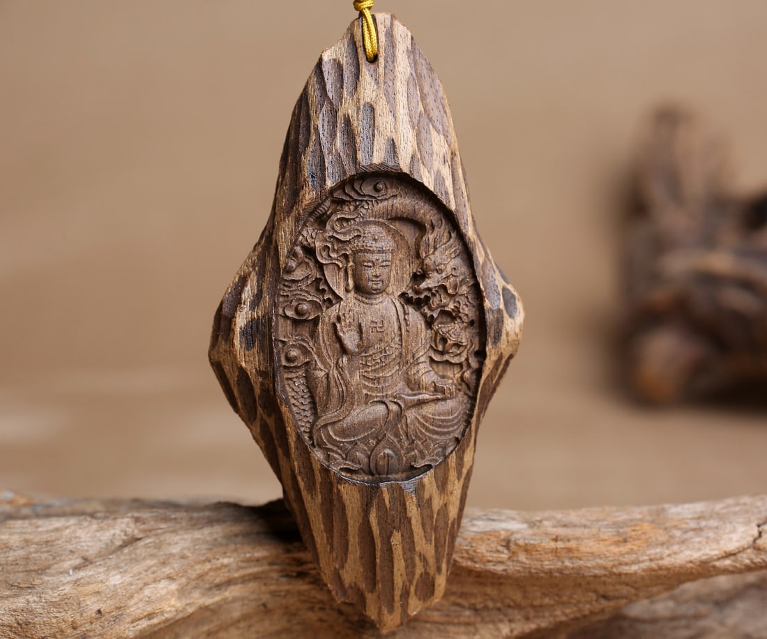 Vintage Chenxiang Wood Hand-Carved Pendant w Samantabhadra - 3