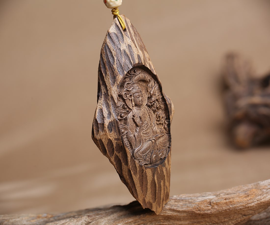 Vintage Chenxiang Wood Hand-Carved Pendant w Samantabhadra - 4