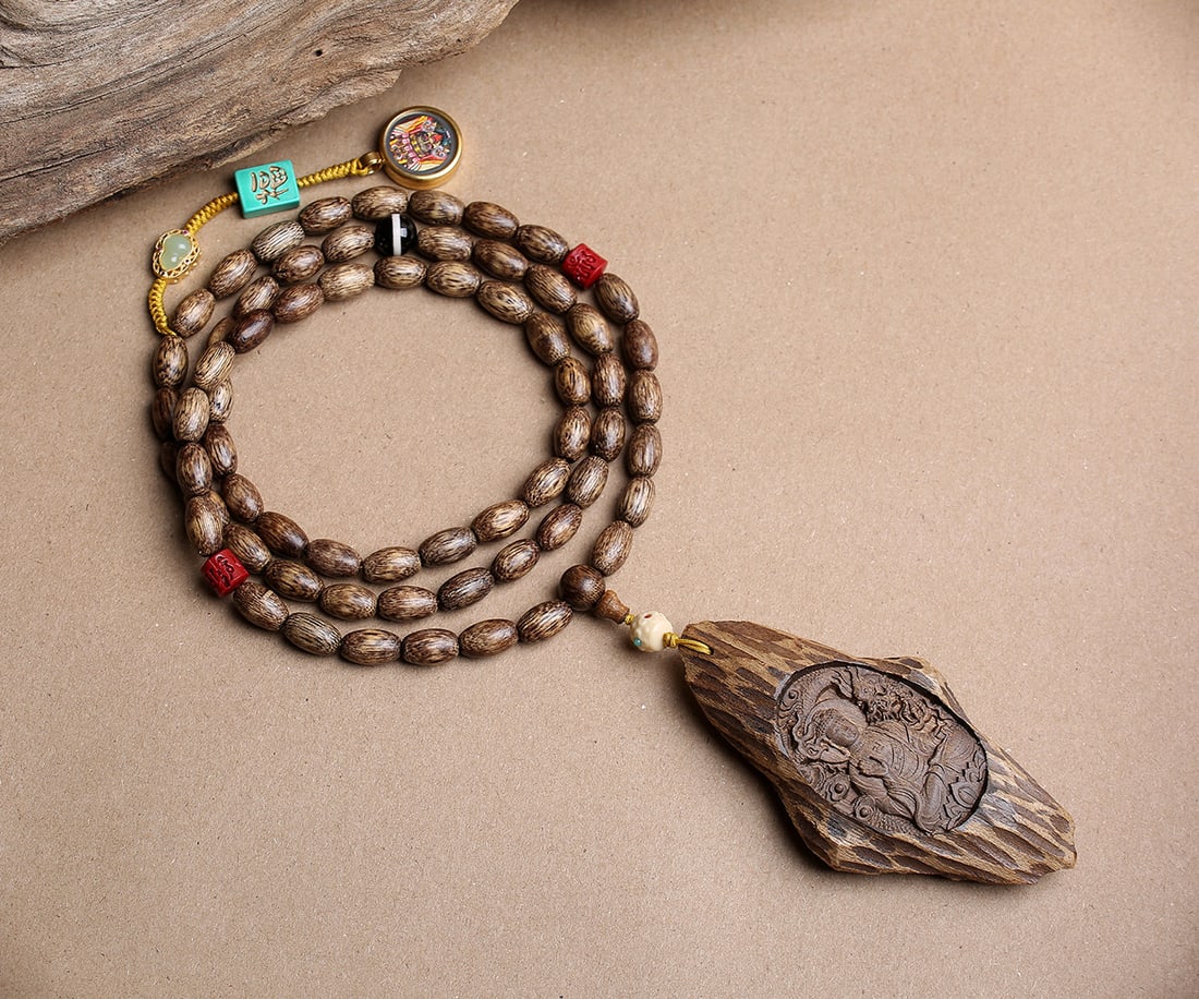 Vintage Chenxiang Wood Hand-Carved Pendant w Samantabhadra - 6