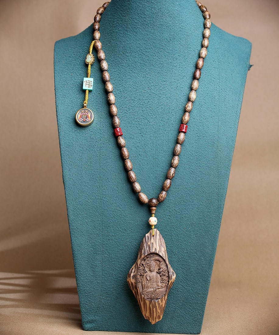 Vintage Chenxiang Wood Hand-Carved Pendant w Samantabhadra - 7