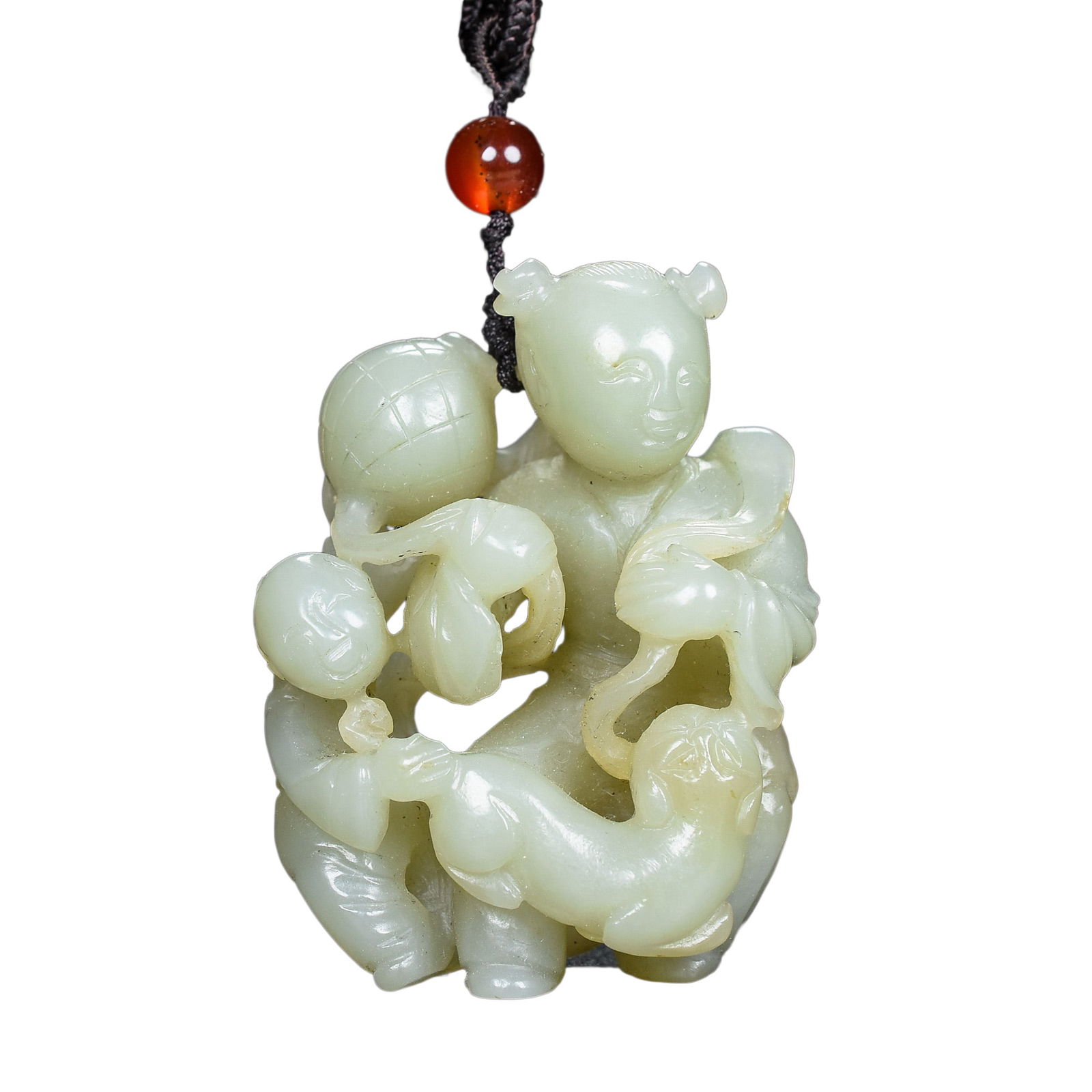 Natural Hetian Jade Hand-Carved Pendant w Kid: Natural Hetian Jade Hand-Carved Pendant w KidDimension: 60 x 45 x 20 (mm) 2.36 x 1.77 x 0.79 (inches) Weight: 0.15 lbs/ 70 g