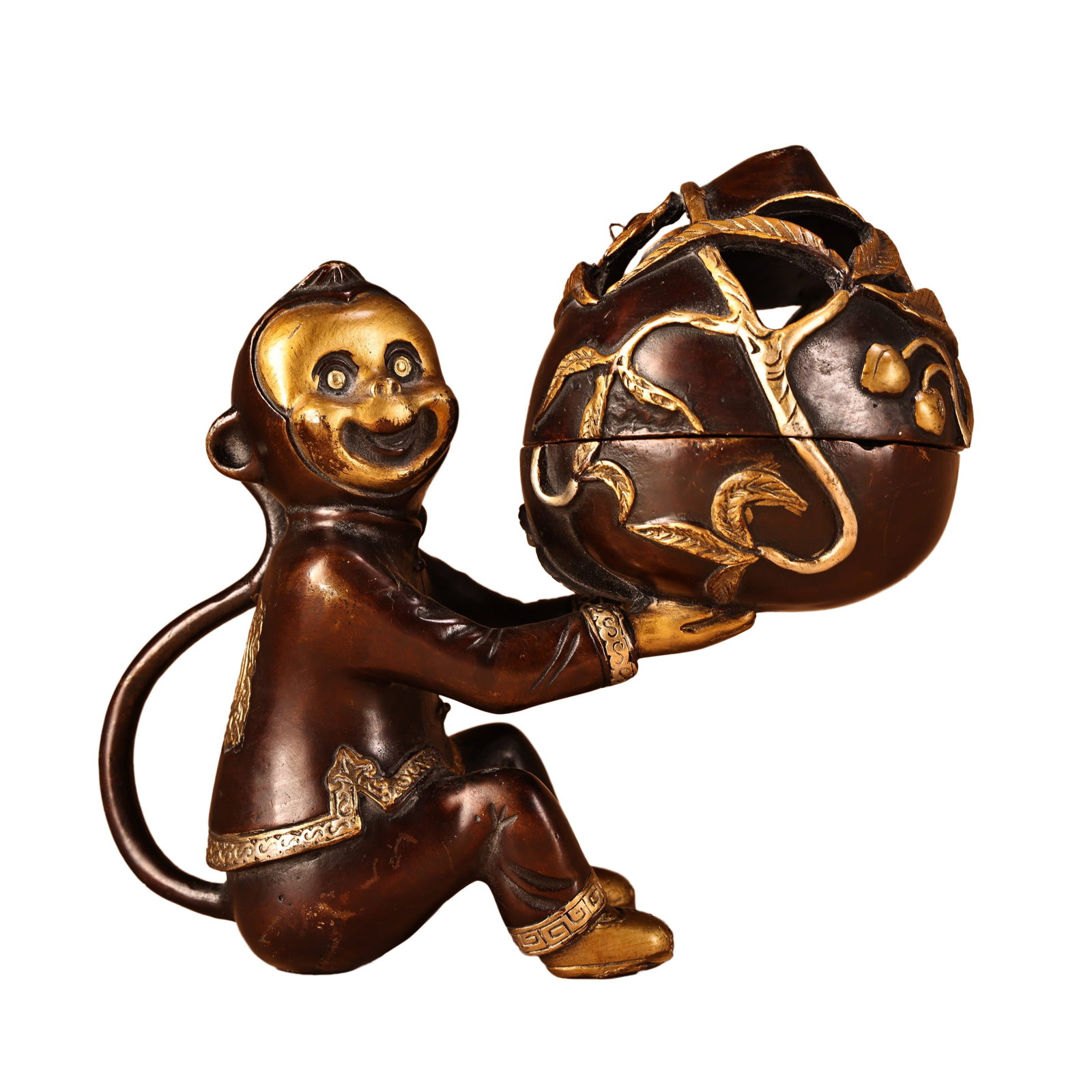 Vintage Gilt Gold Copper Incense Burner w Monkey: Vintage Gilt Gold Copper Incense Burner w MonkeyDimension: 160 x 130 (mm) 6.30 x 5.12 (inches) Weight: 2.42 lbs/ 1100 g