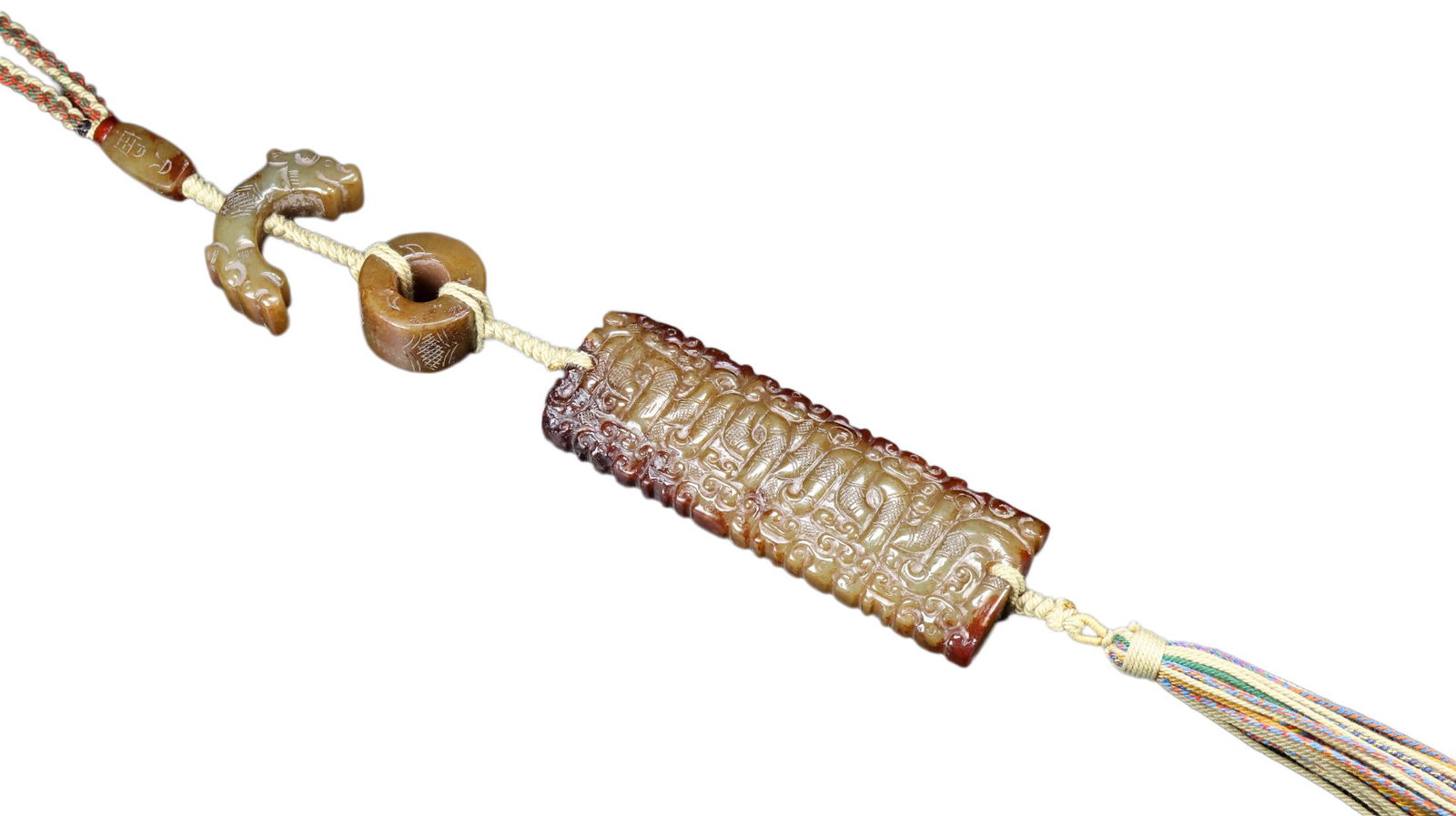 Vintage Hetian Jade Hand-Carved Lucky Pendant w Dragon: Vintage Hetian Jade Hand-Carved Lucky Pendant w DragonDimension: 110 x 36 x 16 (mm) 4.33 x 1.42 x 0.63(inches) Weight: 0.43 lbs/ 196 g