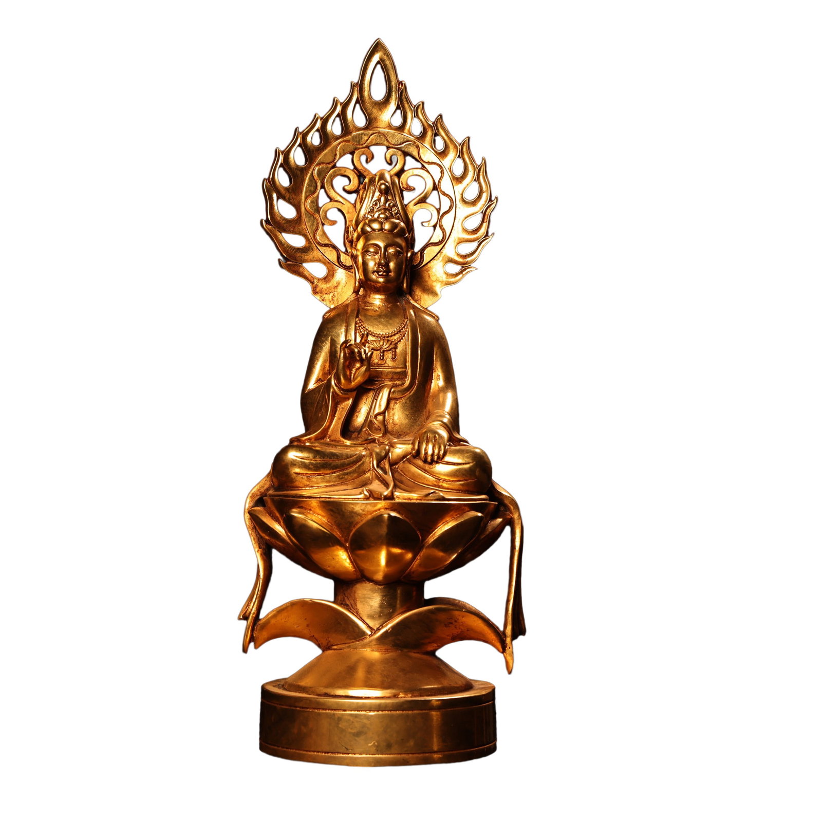 Tibetan Gilt Gold Copper Buddha Statue w Kwan-yin: Tibetan Gilt Gold Copper Buddha Statue w Kwan-yinDimension: 290 x 110 (mm) 11.42 x 4.33 (inches) Weight: 2.78 lbs/ 1260 g