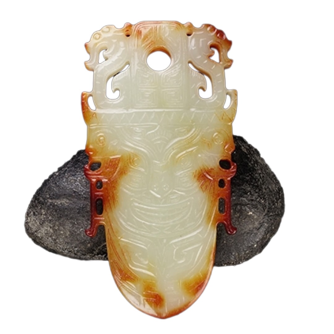 Vintage Hetian Jade Hand-Carved Pendant w Beast Face Axe: Vintage Hetian Jade Hand-Carved Pendant w Beast Face AxeDimension: 120 x 70 x 8 (mm) 4.72 x 2.75 x 0.31 (inches) Weight: 0.29 lbs/ 132.5 g