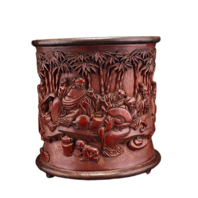 Vintage Bamboo Low Relief Brush Pot w Sages Meeting: Vintage Bamboo Low Relief Brush Pot w Sages MeetingDimension: 160 x 152 x 142 (mm) 6.30 x 5.98 x 5.90 (inches) Weight: 0.89 lbs/ 404 g