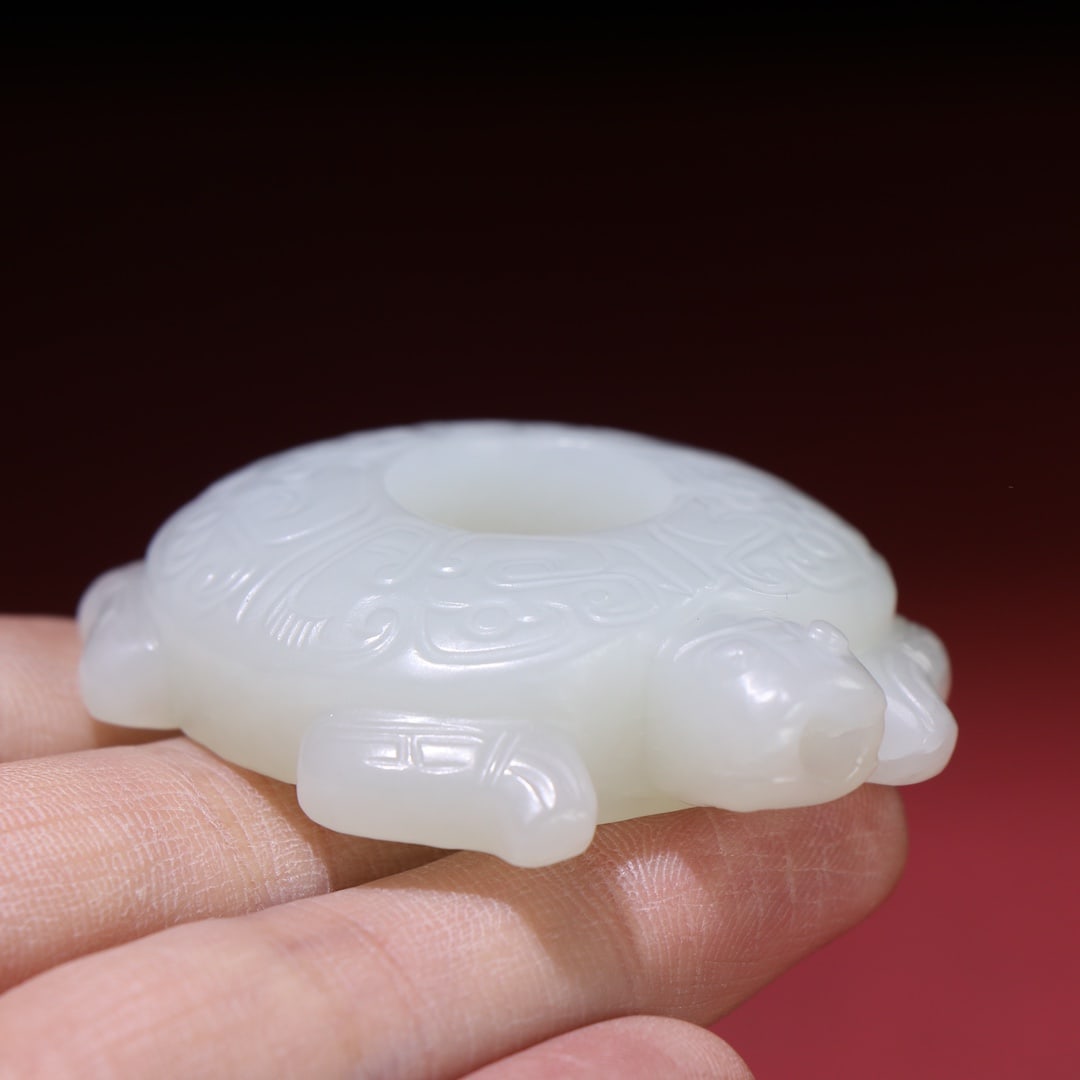 Natural White Hetian Jade Hand-Carved Pendant w Long Life Turtle - 9