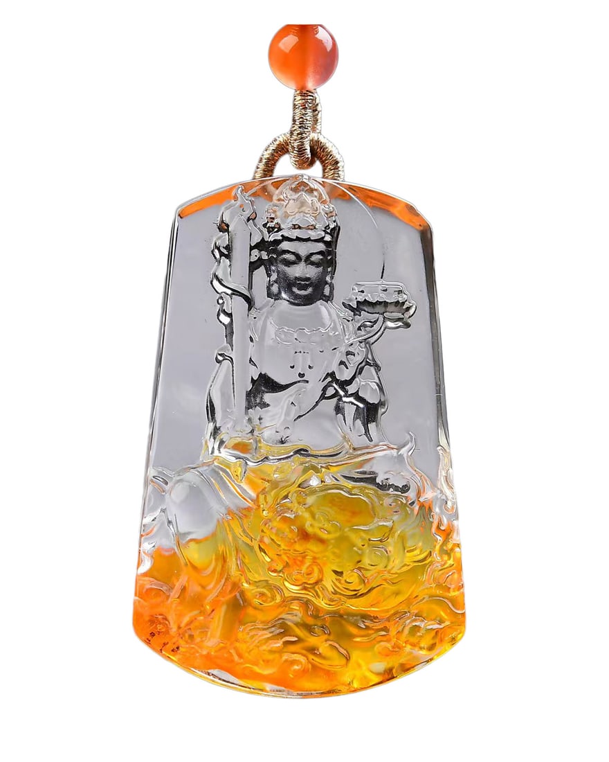 Crystal Hand-Carved Buddha Pendant w Manjushri Bodhisattva: Crystal Hand-Carved Buddha Pendant w Manjushri BodhisattvaDimension: 45 x 28 x 15 (mm) 1.77 x 1.10 x 0.59 (inches) Weight: 0.06 lbs/ 28.5 g