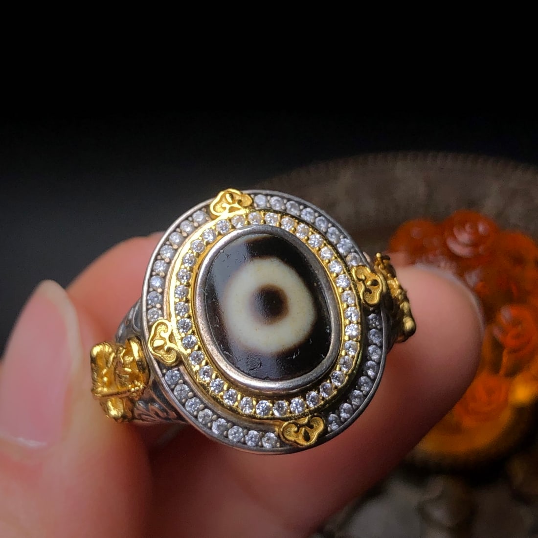 925 Silver Inlay DZI Agate Ring Adjustable - 10