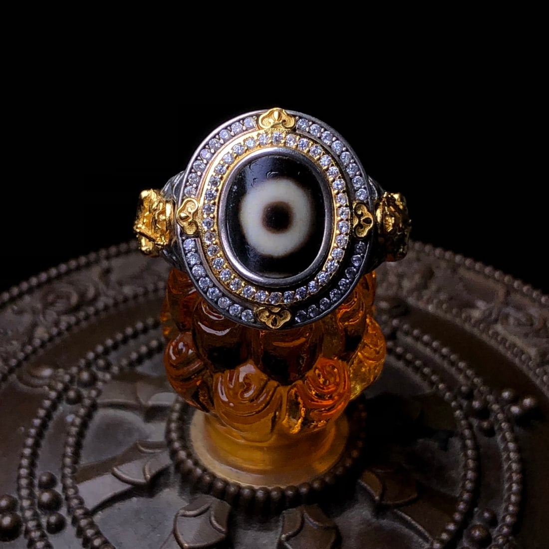 925 Silver Inlay DZI Agate Ring Adjustable - 2