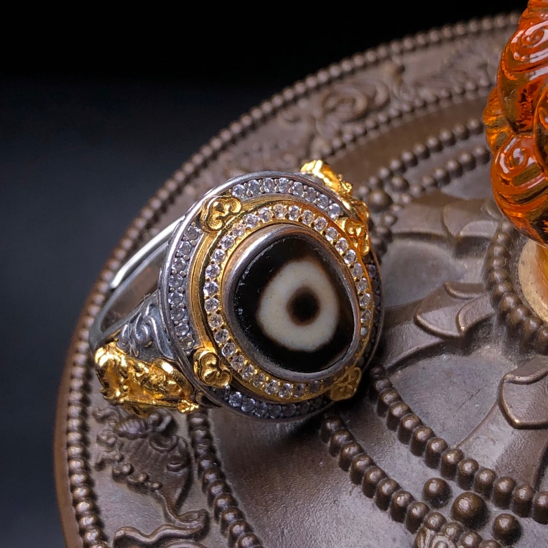 925 Silver Inlay DZI Agate Ring Adjustable - 3