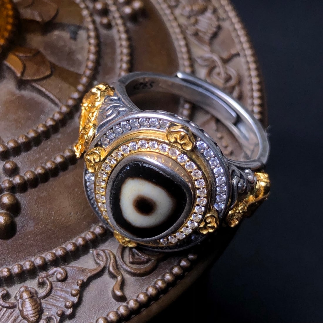 925 Silver Inlay DZI Agate Ring Adjustable - 4