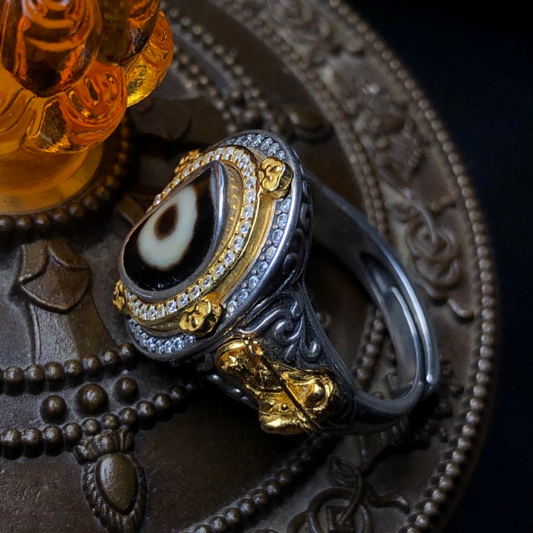 925 Silver Inlay DZI Agate Ring Adjustable - 6