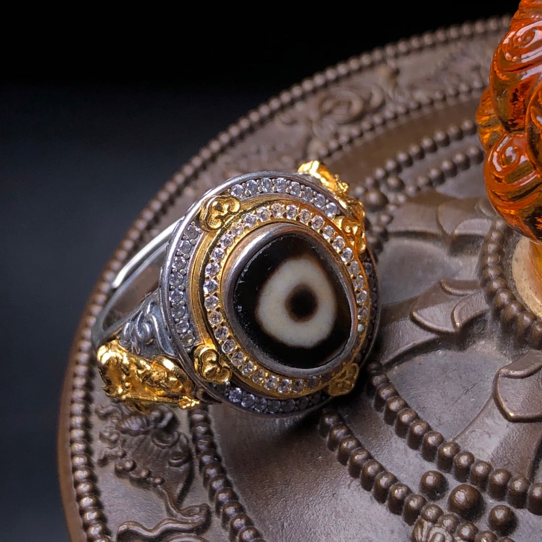 925 Silver Inlay DZI Agate Ring Adjustable - 7