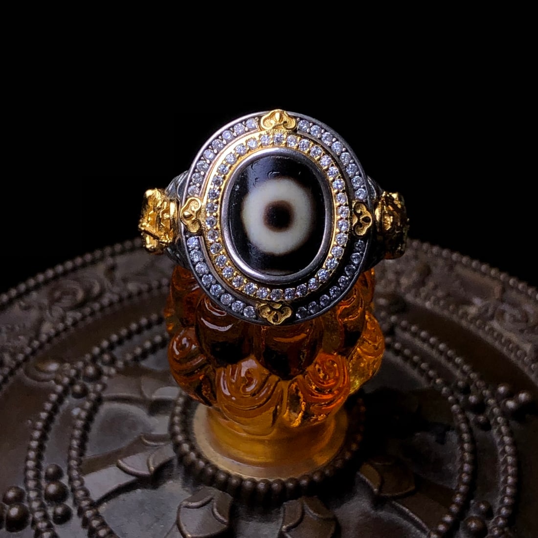 925 Silver Inlay DZI Agate Ring Adjustable - 8