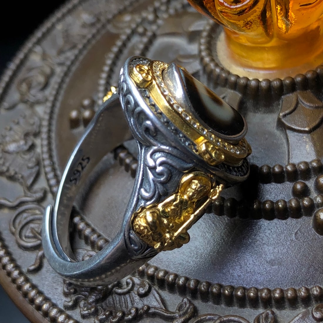 925 Silver Inlay DZI Agate Ring Adjustable - 9