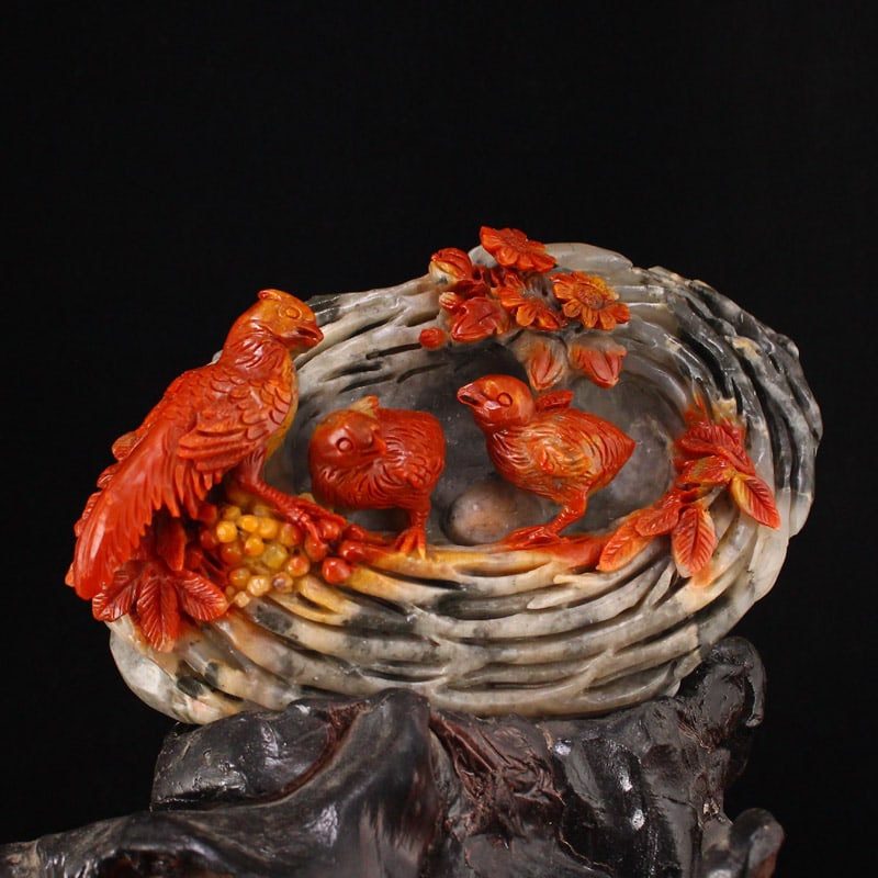 Vintage Shoushan Stone Bird & Bird's Nest Statue - 3