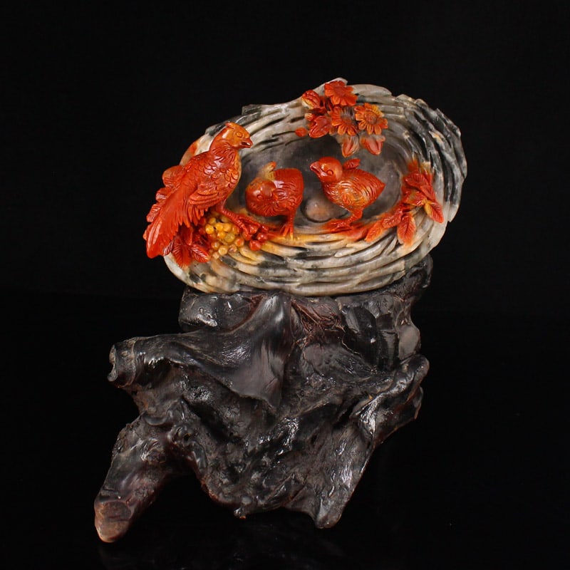 Vintage Shoushan Stone Bird & Bird's Nest Statue - 4