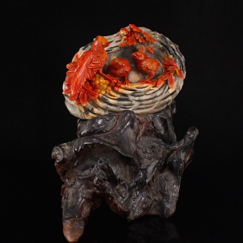 Vintage Shoushan Stone Bird & Bird's Nest Statue - 7
