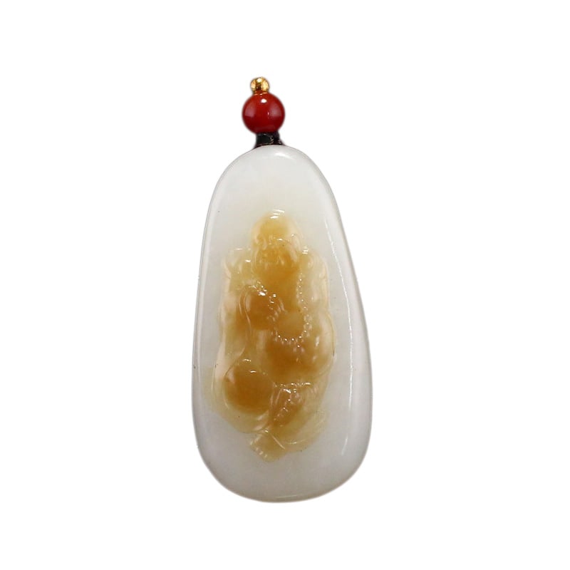 Natural Hetian Jade Hand-Carved Pendant w Laughing Buddha: Natural Hetian Jade Hand-Carved Pendant w Laughing BuddhaDimension: 50 x 26 x 13 (mm) 1.97 x 1.02 x 0.51 (inches) Weight: 0.07 lbs/ 32 g