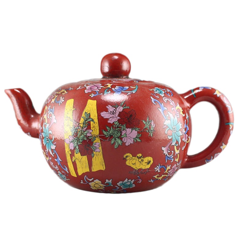 Colored Drawing Yixing Zisha Clay Teapot w Flowers: Colored Drawing Yixing Zisha Clay Teapot w FlowersDimension: 240 x 160 x 120 (mm) 9.45 x 6.30 x 4.72 (inches)Weight: 1.85 lbs/ 841 g