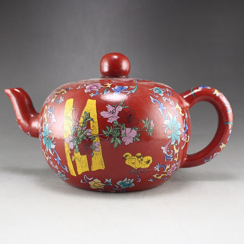 Colored Drawing Yixing Zisha Clay Teapot w Flowers - 2