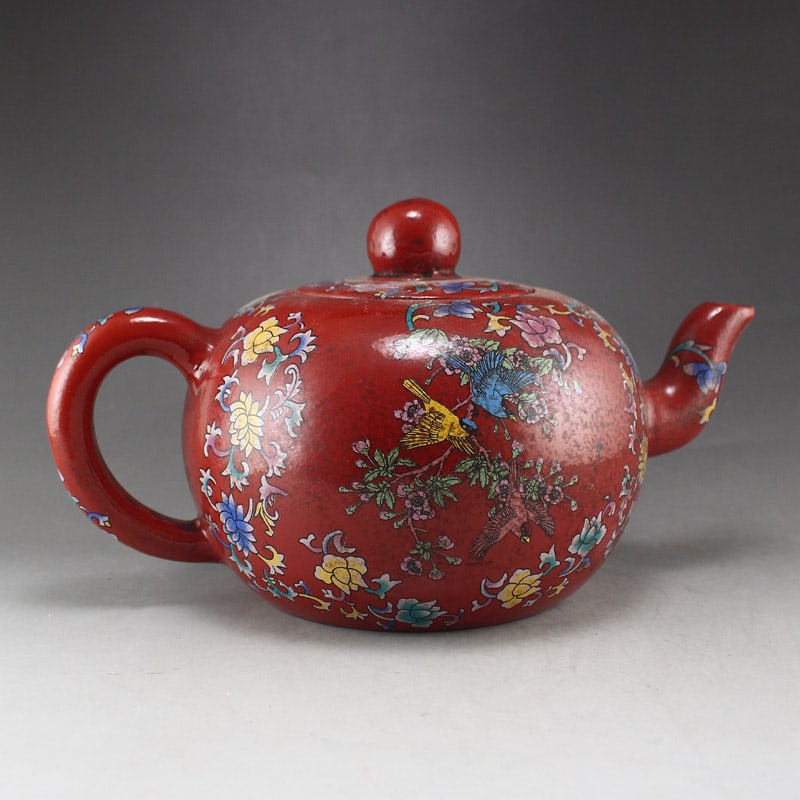 Colored Drawing Yixing Zisha Clay Teapot w Flowers - 3