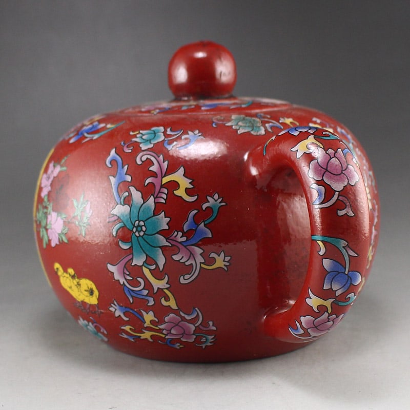 Colored Drawing Yixing Zisha Clay Teapot w Flowers - 4