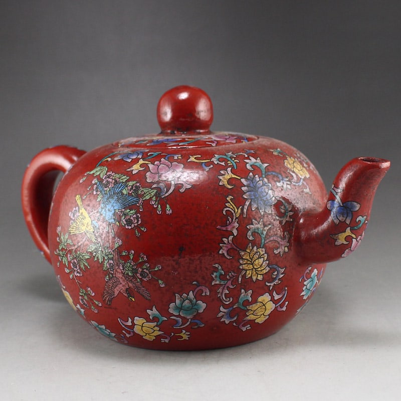 Colored Drawing Yixing Zisha Clay Teapot w Flowers - 5
