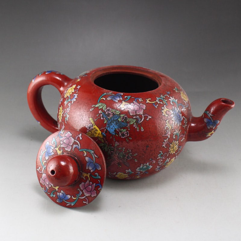Colored Drawing Yixing Zisha Clay Teapot w Flowers - 6