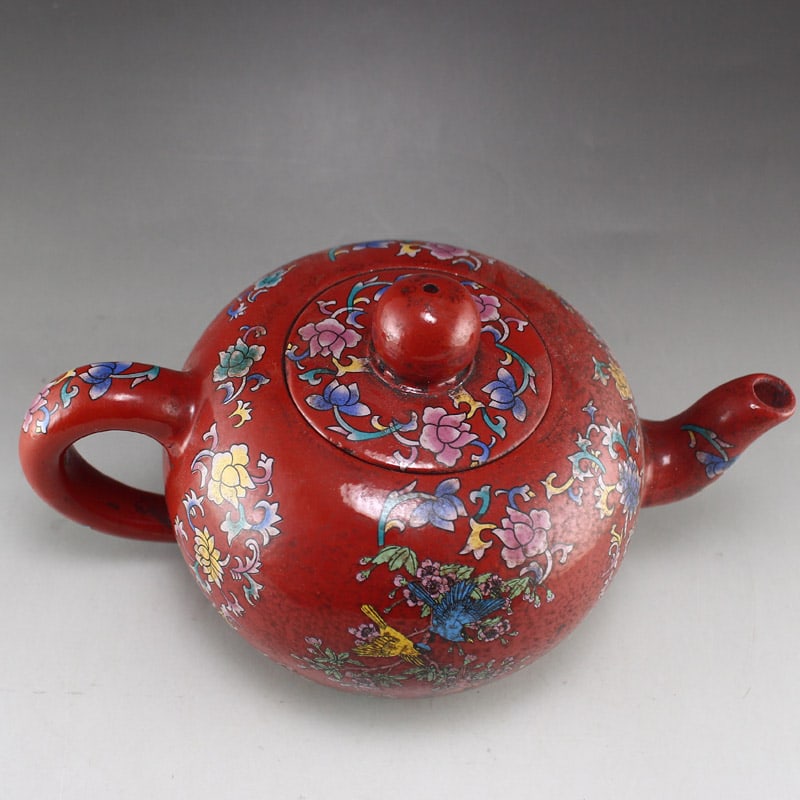 Colored Drawing Yixing Zisha Clay Teapot w Flowers - 9