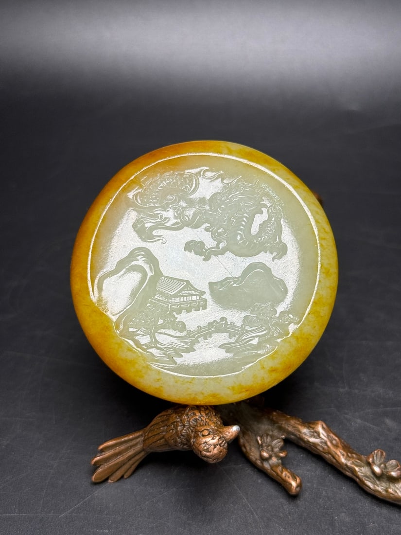 Hetian Jade Original Stone Hand-Carved Pendant w Mountain River Scene - 2
