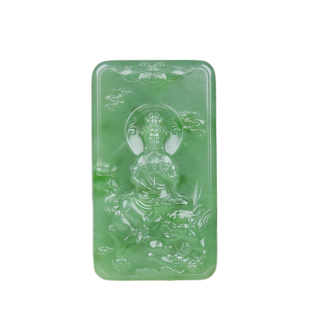 Green Hetian Jade Hand-Carved Pendant w Kwan-yin: Green Hetian Jade Hand-Carved Pendant w Kwan-yinDimension: 62 x 35 x 10 (mm) 2.44 x 1.38 x 0.39 (inches) Weight: 0.13 lbs/ 58 g