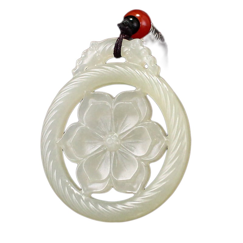 Natural Hetian Jade Hand-Carved Pendant w Flower: Natural Hetian Jade Hand-Carved Pendant w FlowerDimension: 50 x 42 x 4 (mm) 1.97 x 1.65 x 0.16(inches) Weight: 0.04 lbs/ 17 g