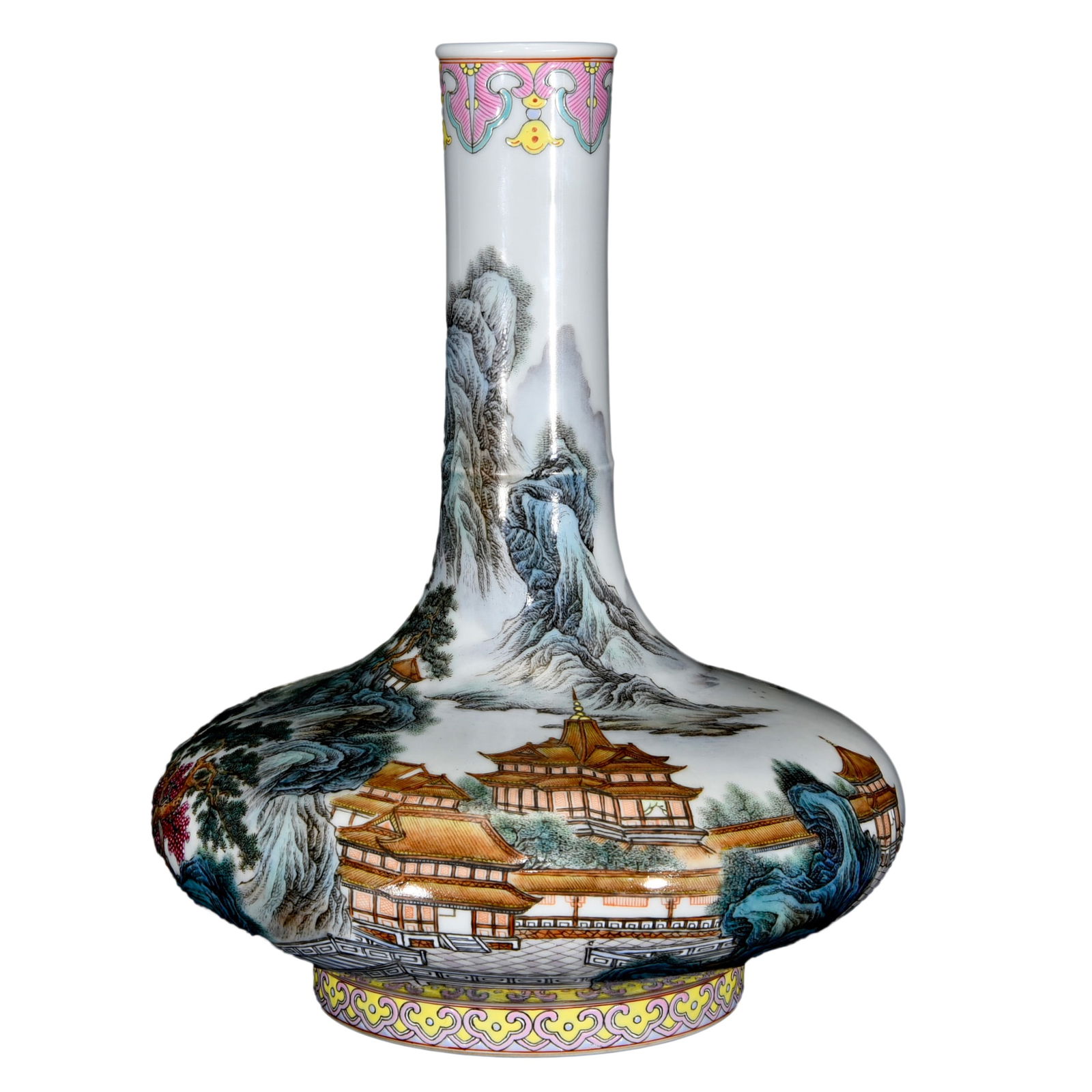 Porcelain Vase Famille Rose w Mountain River Scene,Qing Dynasty, Yongzheng Mark: Porcelain Vase Famille Rose w Mountain River Scene,Qing Dynasty, Yongzheng MarkDimension: 290 x 230 (mm) 11.42 x 9.05 (inches)