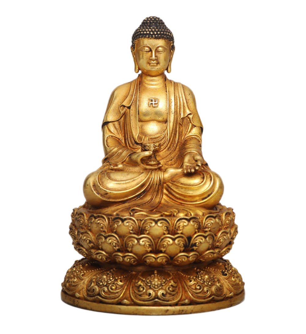 Tibetan Gilt Gold Copper Buddha Statue w Siddhartha Buddha: Tibetan Gilt Gold Copper Buddha Statue w Siddhartha BuddhaDimension: 110 x 70 (mm) 4.33 x 2.75 (inches) Weight: 1.12 lbs/ 508 g
